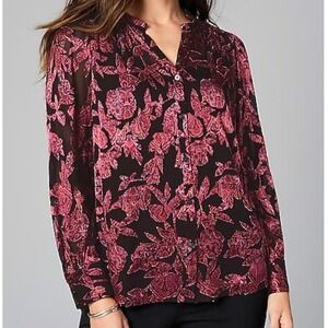 J Jill Ruffle Burnout Long Sleeve Black Red Floral Button‎ Front Blouse Sz 4X
